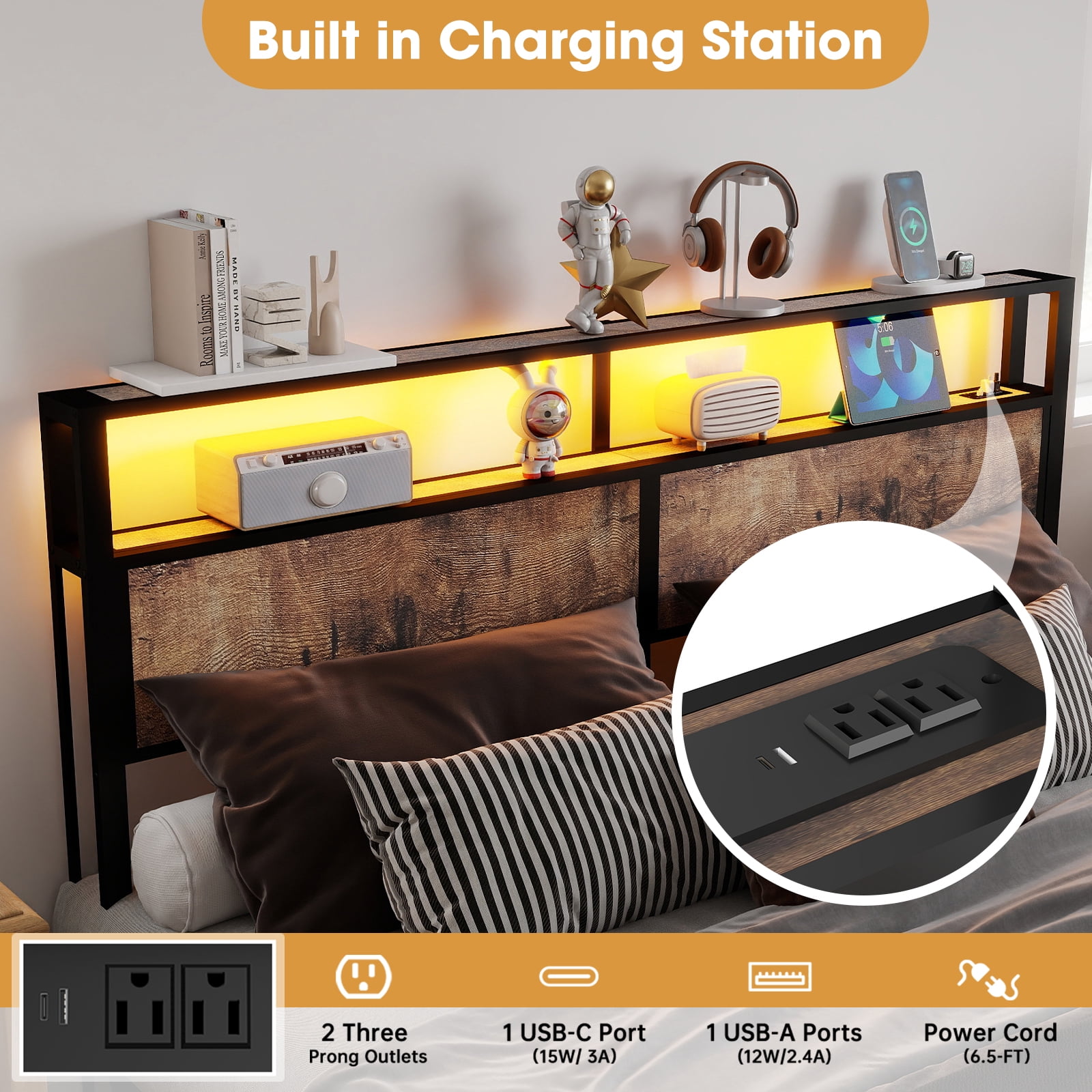 Leumius King Size Bed Frame with Headboard, Platform Bed with RGB LED Light & Charging Station & Under Bed Storage Space, Easy Assembly, Brown