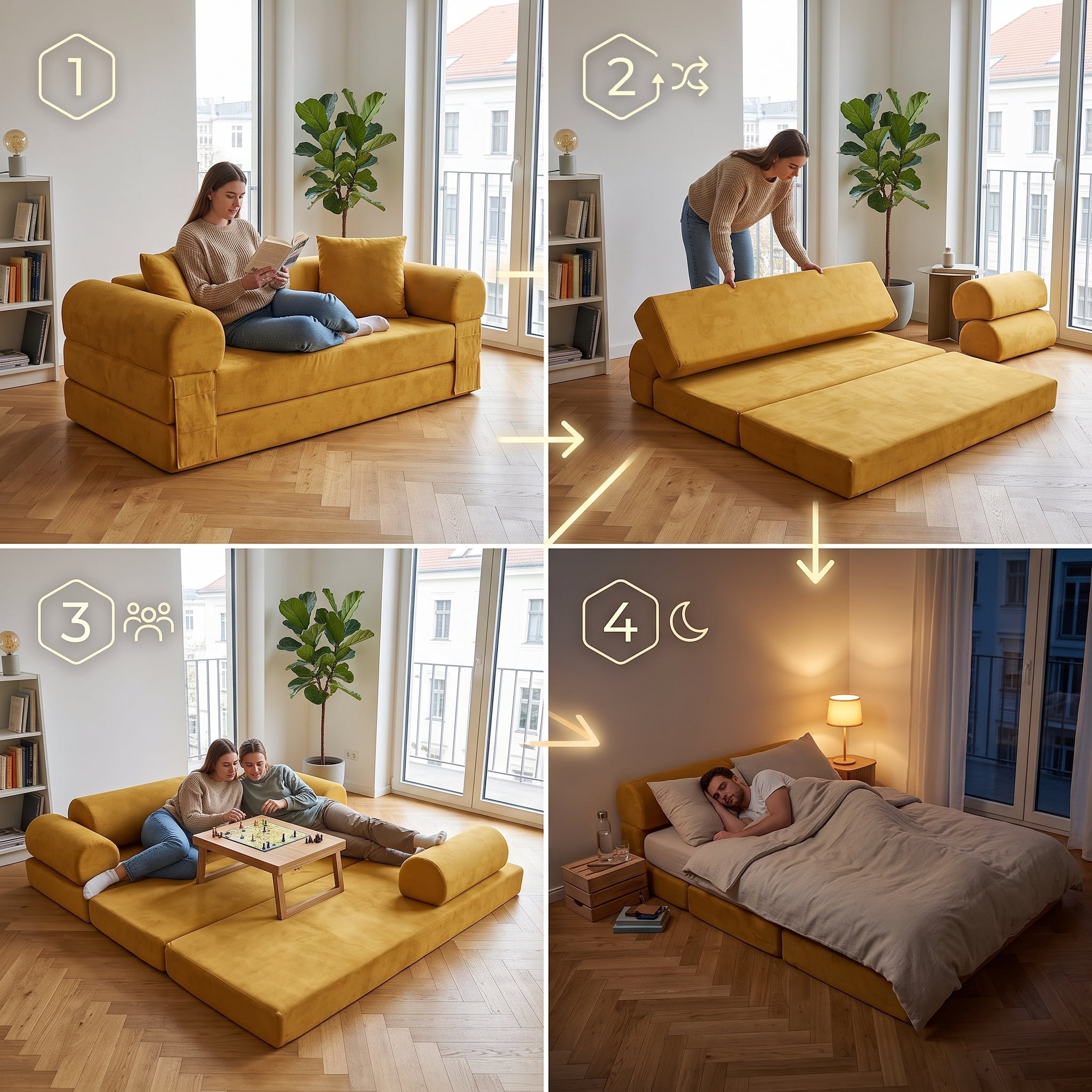80 Inch 3‑in‑1 Convertible Boneless Sofa Bed, Queen Size Folding Sleeper Couch with Storage Pockets, Corduroy Compressed Sofa in a Box for Living Room
