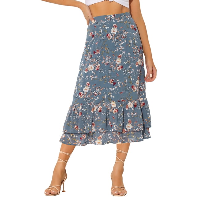 Falmidi fluicon dobladillo con volantes escalonados y cintuelástiestampapamujer Polvoriento Azul Floral L
