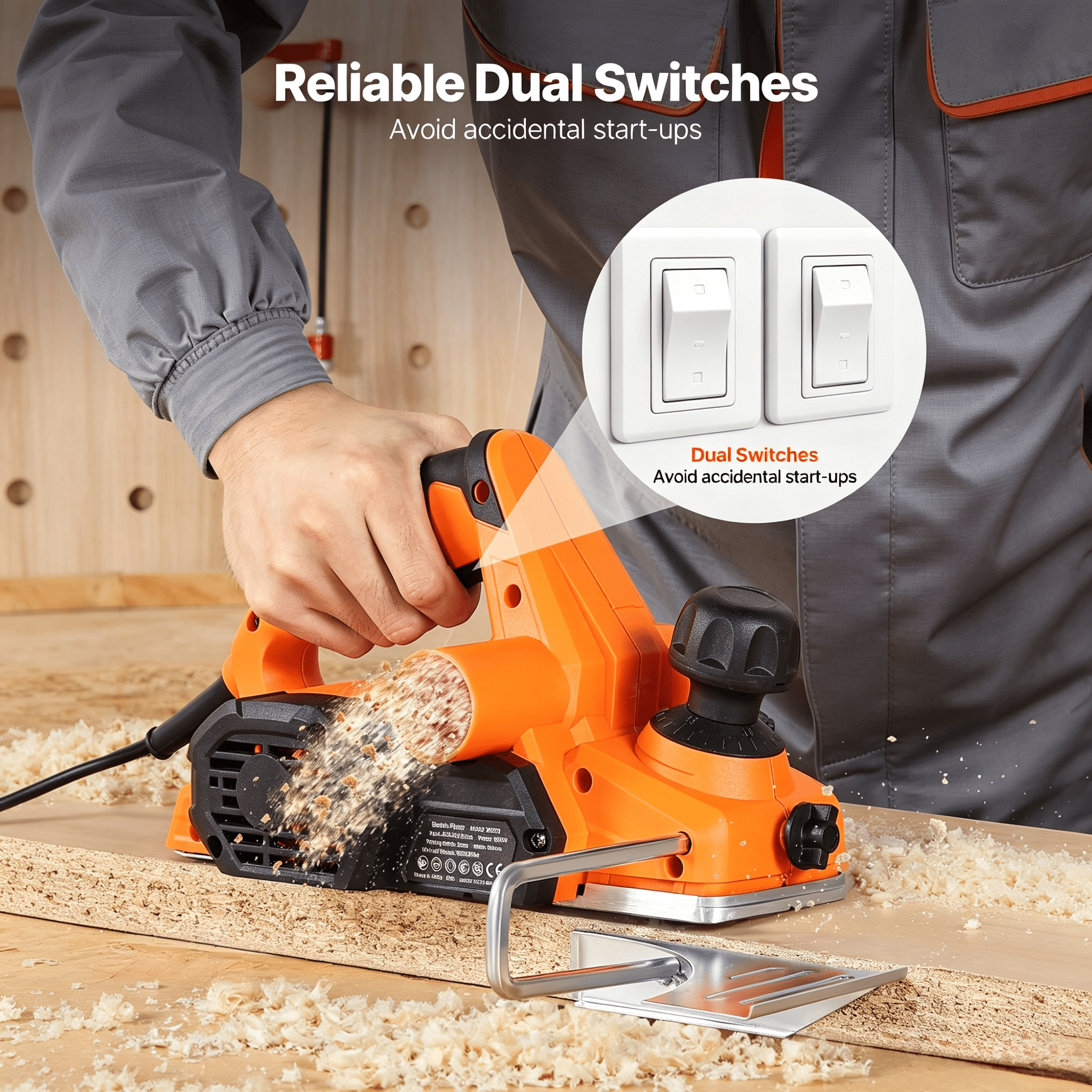 Electric Hand Planer with 3-1/4" Planing Width, 5/64" Depth, Adjustable Knob, Chamfering Groove, for Woodworking DIY Projects