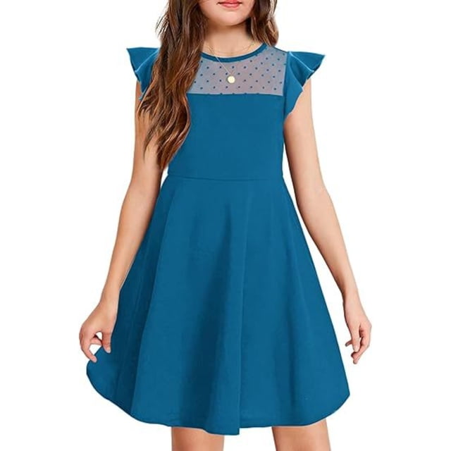 Robe Fille Été Manches à Volants en Maille Décontractée Robes de Fête avec Poches pour Enfants