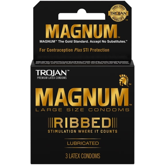 Trojan Magnum Ribbed Large Size Condoms, Lubricated Latex Condoms, 3 Count