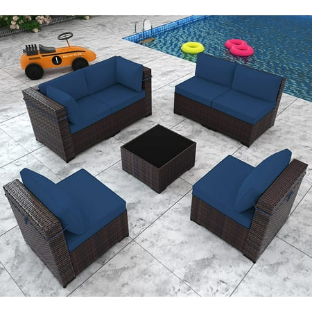 Gotland Patio Furniture Sets 7 Pieces Patio Sectional Outdoor Furniture Patio Sofa Chairs Set All Weather PE Rattan Wicker Couch Conversation Set Navy Blue
