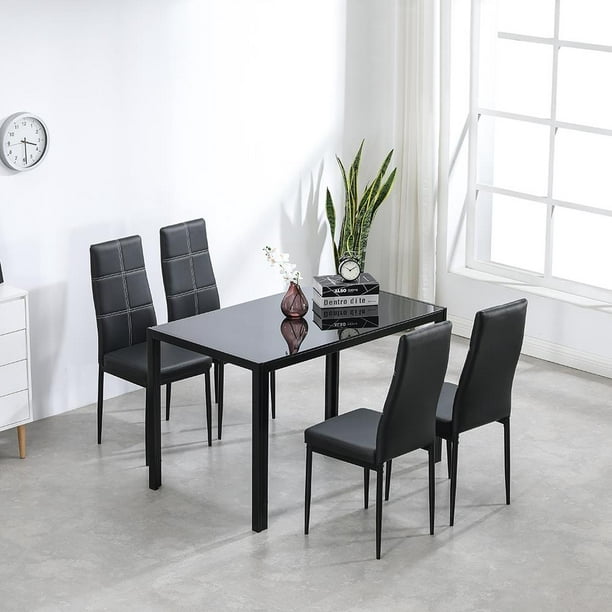 Ktaxon 5 Piece Dining Room Table Set 4, Black Glass Dining Table Set For 4