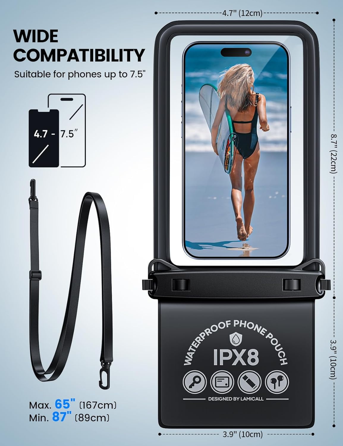Double Pocket Waterproof Phone Pouch - IPX8 Dry Bag - Privacy Storage for Card & Key - Cruise Ship, Beach Essentials for iPhone 17 16 15 14 13 Pro Max, Galaxy S25, for Bulky Cases up to 7.5"