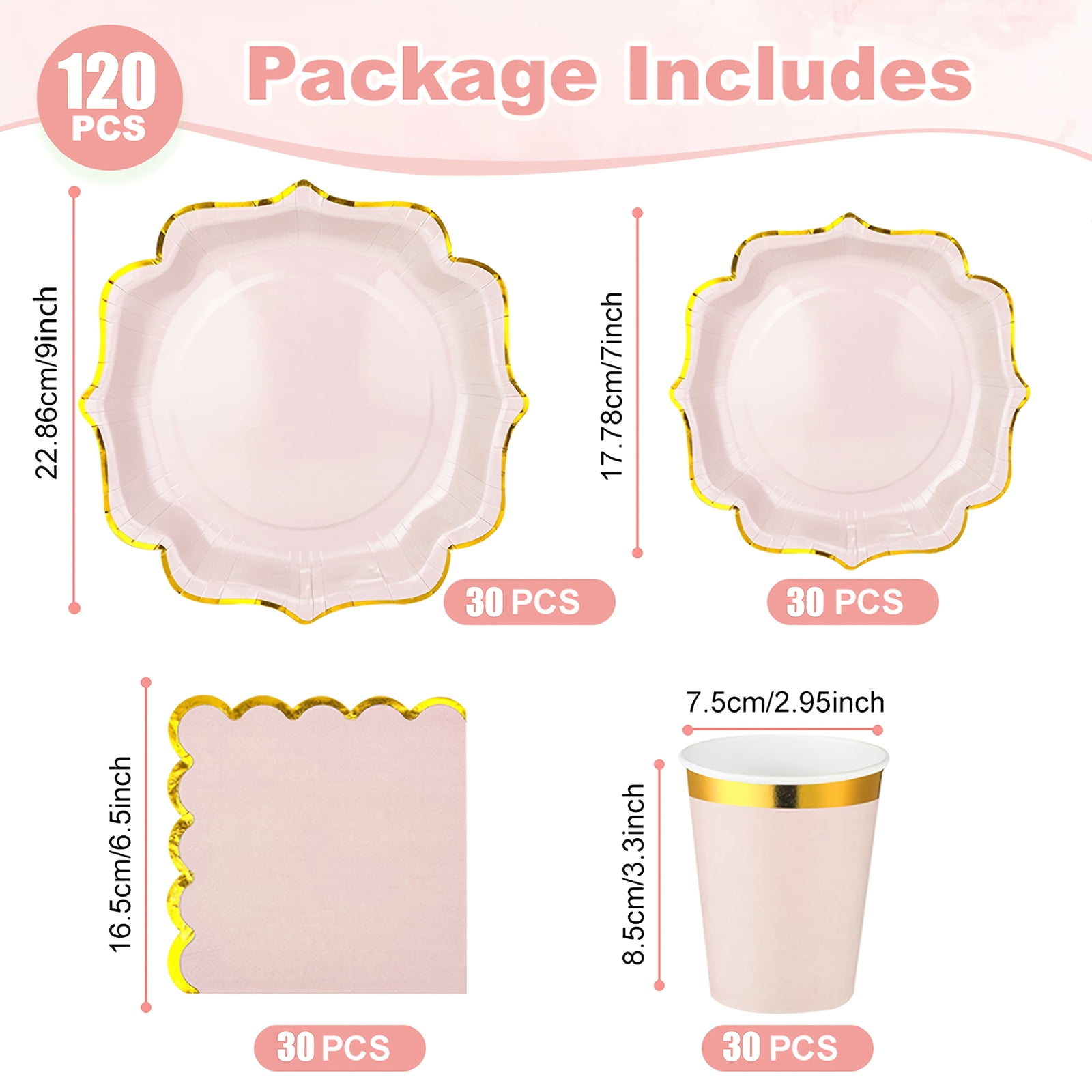 120 Pcs Pink Plates Disposable - Pink and Gold Plates 30 Guest - Baby Shower Disposable Paper Party Supplies for Wedding Birthday Party