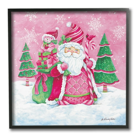 Stupell Industries Pink & Green Santa Scene Holiday Painting Black Framed Art Print Wall Art, 12 x 12