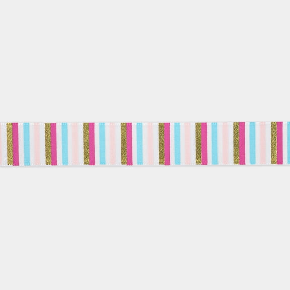 UNIQUE CREATIV, Ribbon, Printed Satin, Pink and Gold Stripes, 20mm x 5.4m (0.78" x 18ft)