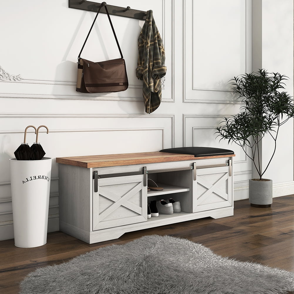 Kadyn 47 Inch Storage Bench, Modern Farmhouse Sliding X Barn Door Litterbox Bench with Entry Cutout and Adjustable Shelves, Shoe Bench for Entryway,White Kadyn 47 Inch Storage Bench, Modern Farmhouse Sliding X Barn Door Litterbox Bench with Entry Cutout and Adjustable Shelves, Shoe Bench for Entryway,White