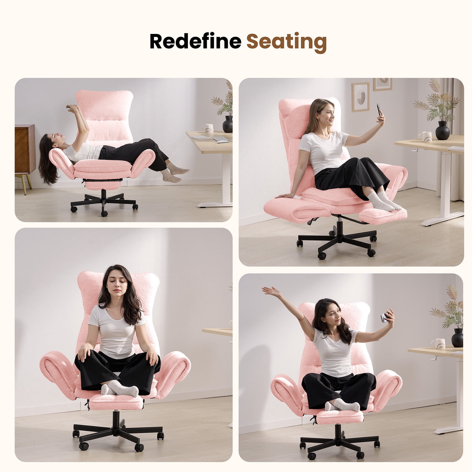 Big and Tall Office Chair, Cloud Teddy Plush Swivel Desk Chair with 6-Level Adjustable Armrests, Home Ergonomic Executive Office Chair, Pink