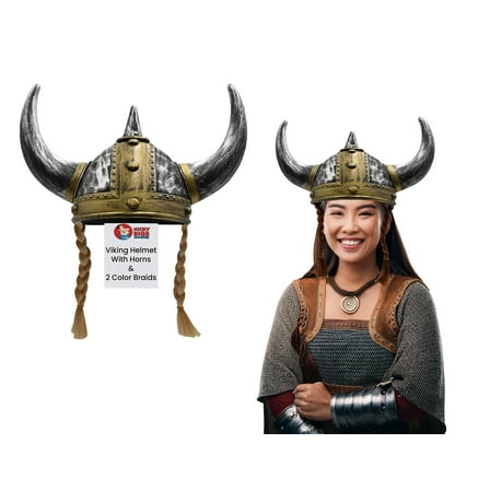 Nicky Bigs Novelties Adult Nordic Viking Helmet with Horns Braids Barbarian Warrior Costume Accessory