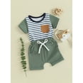 thumbnail image 3 of FEORJGP Toddler Baby Boy Summer Daily Outfits Infant 6M 1T 2T 3T 4T Short Sleeve T-Shirt Crew Neck Shirt Striped Print Tops + Pocket Drawstring Shorts Set Loose Casual 2Pcs Clothes, 3 of 9