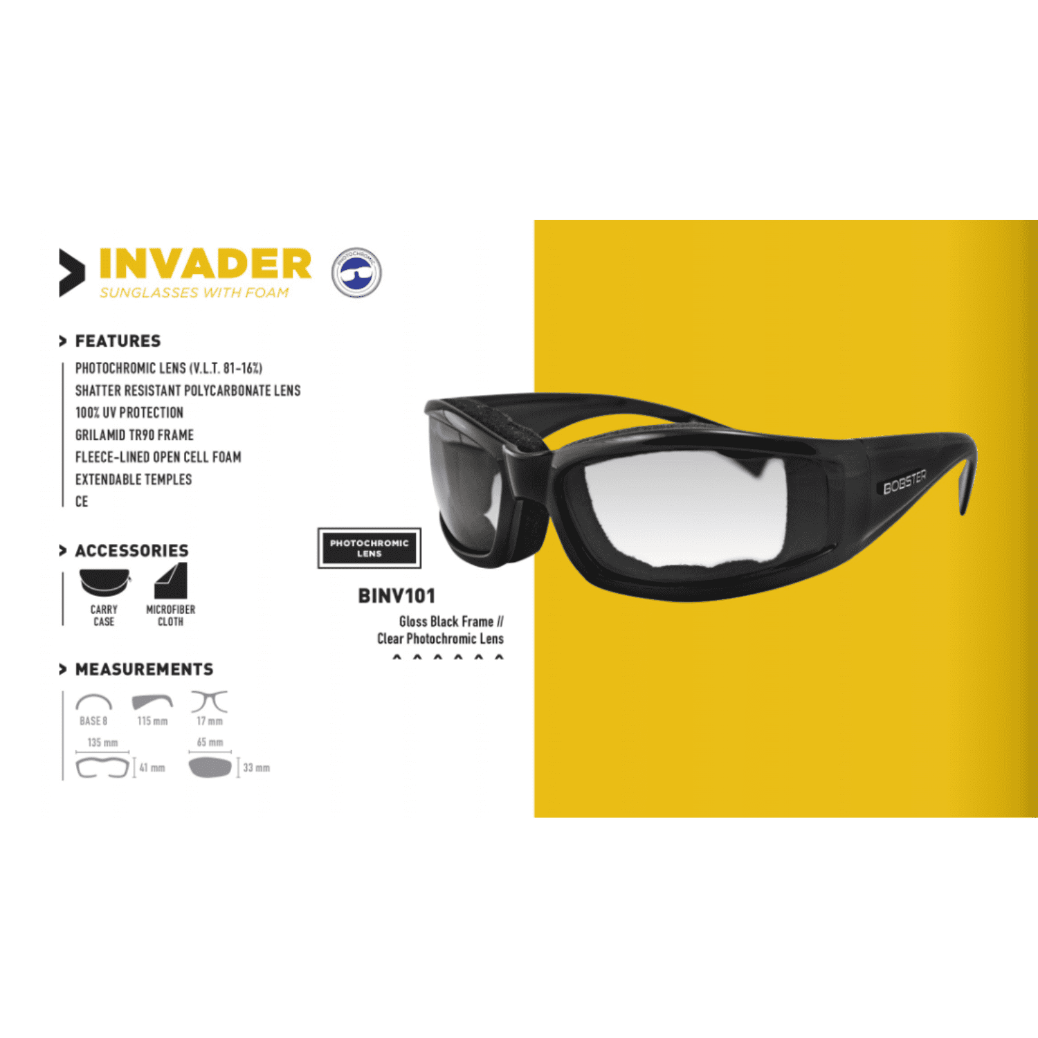 Bobster® Invader Gloss Black Frame Clear Photochromic Lens