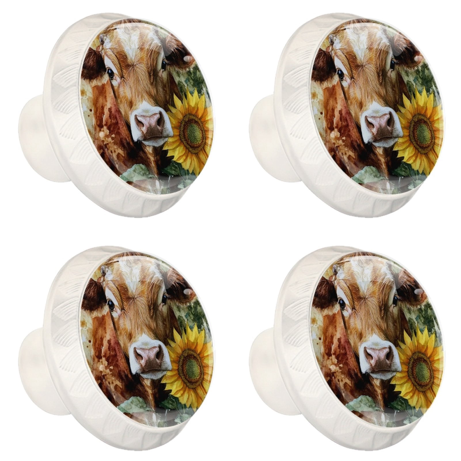 4 Pcs Cow and Sunflower Knobs for Kitchen Cabinet Cupboard Dresser Bookcase Drawer Pulls Handles Round Home Decor
