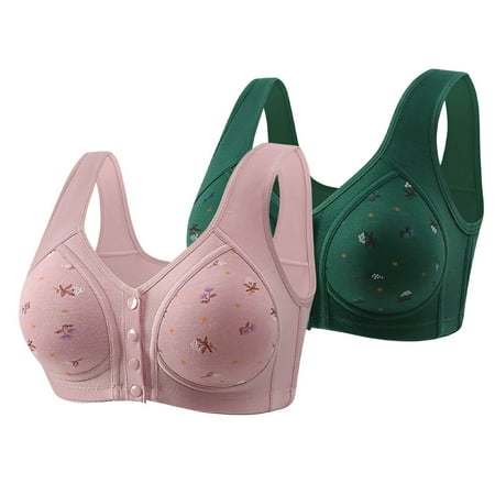 Sentmoon 2PC Front Closure Bras for Women Oversize No Underwire Wireless Bras for Women Comfortable with Button Print Lift Seamless Bras Ladies Casual for Dating Outfits Green 38
