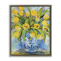 Stupell Industries Expressive Yellow Tulips in Vase Botanical & Floral Painting Brown Floater Framed Canvas Art Print Wall Art, 25 x 31