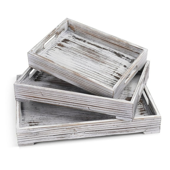 Wooden Serving Tray with Handles, Trays for Coffee Table, Breakfast in Bed, Decorative Rustic Torched Whitewash Wood Platter Organizer Serve for Food Kitchen Table Ottoman Display,  Set of 3