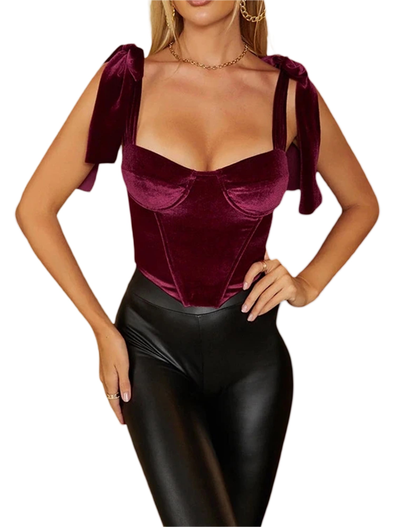 Sunisery Women's Velvet Corset Tank Patchwork Crop Top Ribbon Bandage Boned  Buttons Tie up Bow Push up Camis Wine Red L 