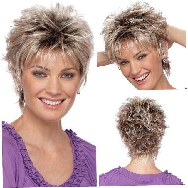 Peluca de pelo rubio corto, capas marrones, esponjosas, resistentes al calor, para mujeres, mujeres, uso diario natural (rubio gris) LingWen 8390613793263