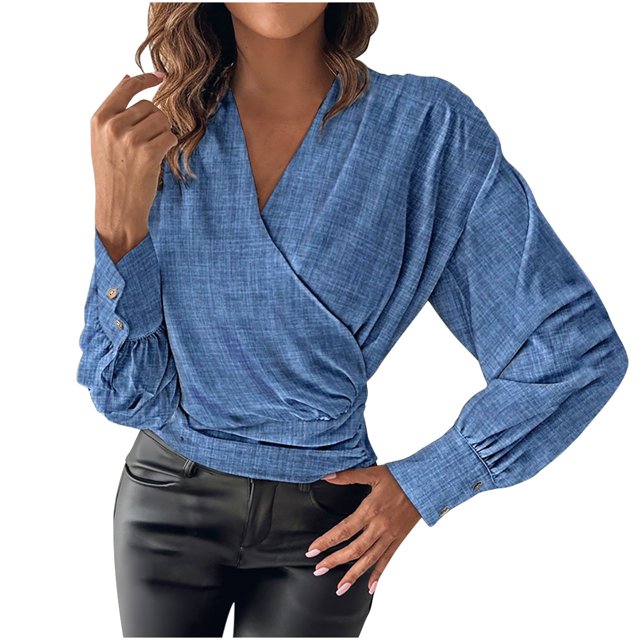 Besolor Tuniques Printemps Automne pour Femmes Col en V Manches Longues Blouse Habillée Décontractée Chemises pour Sorties