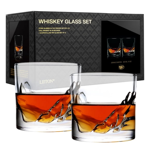 LIITON Grand Canyon Heavy Crystal Whiskey Glasses Gift Set of 2, Thick Freezable Bourbon Glass 1lb Each, Premium Whiskey Gifts for Men, Frozen Crysta