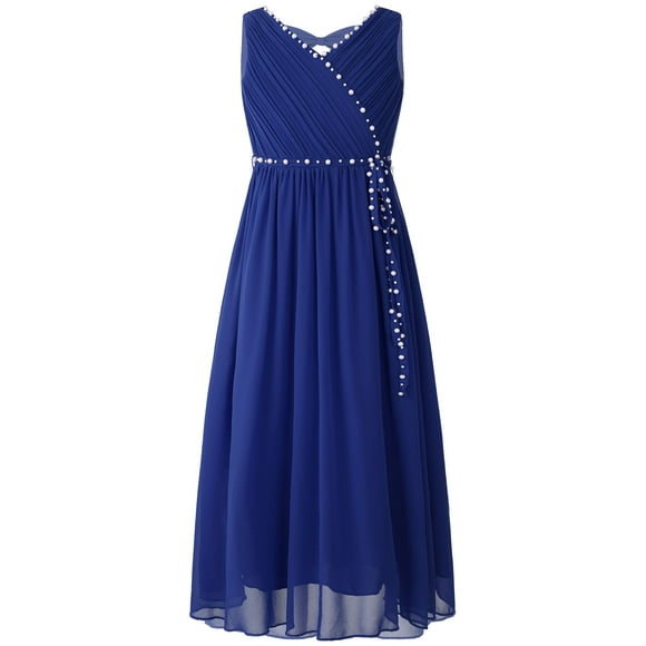 Sinleey Girls Elegant Beaded Party Dress V Neck Ruched Chiffon Evening Gown Junior Bridesmaid Dresses Blue 8