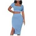 thumbnail image 5 of KIHOUT Women 2 Piece Summer Ribbed Outfit Square Neck Short Sleeve Cropped Top High Waist Slit Midi Bodycon Skirt Casual Matching Set For Club Party Dating, 5 of 8