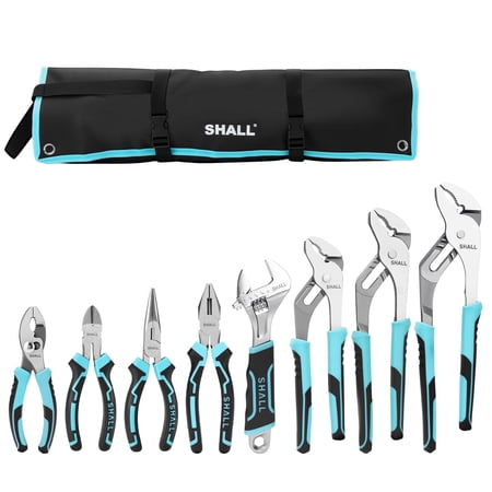 SHALL 8pcs Pliers Set with Rolling Pouch, Includes 12", 10", 8" Groove Joint Pliers, 10" Adjustable Wrench, 8" Linesman Plier, 8" Long Nose Plier, 6" Slip Joint Plier, 6" Diagonal Cutter