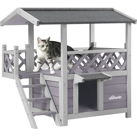 Aivituvin Wood Cat House with Balcony, Outdoor Indoor Kitty Shelter with Stairs