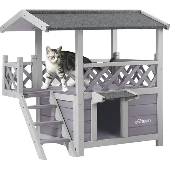 Aivituvin Wood Cat House with Balcony, Outdoor Indoor Kitty Shelter with Stairs