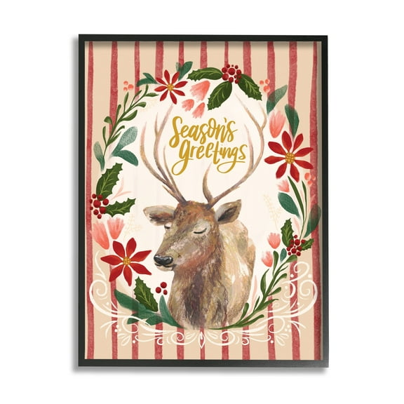 Stupell Industries Seasons Greetings Holiday Wreath Soft Reindeer Portrait Animals & Insects Painting Black Framed Art Print Wall Art, 11 x 14