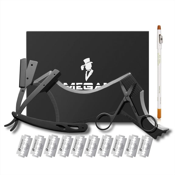 Beard shaping tool,5 piece set beard shaper - include Professional Straight Edge Razor,beard template,10 Count of double edge blades,barber pencil and Stainless steel scissors.