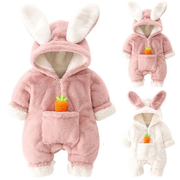 Ticikt Baby Bunny Hooded Romper Lined Jumpsuit with Pocket Warm Winter for Girls Boys Halloween Outfit,Size:9-12 Months