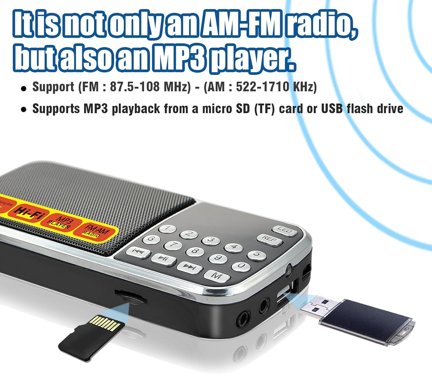 Portable AM/FM Radio with MP3 Player Support, USB/TF Card Playback, Rechargeable Battery, Excellent Reception & Sound Quality, Compact Design with Flashlight for Outdoor Use
