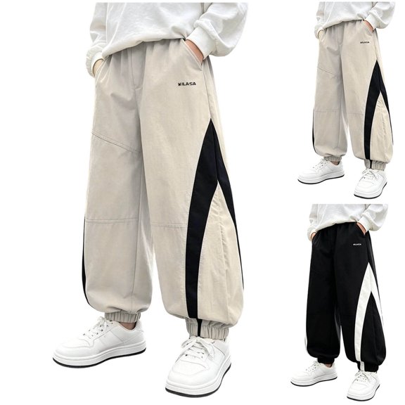 FRSASU Girl's Baggy Wide Leg Pants Elastic Waist Workout Track Color Block Parachute Pants with Pockets Khaki-C