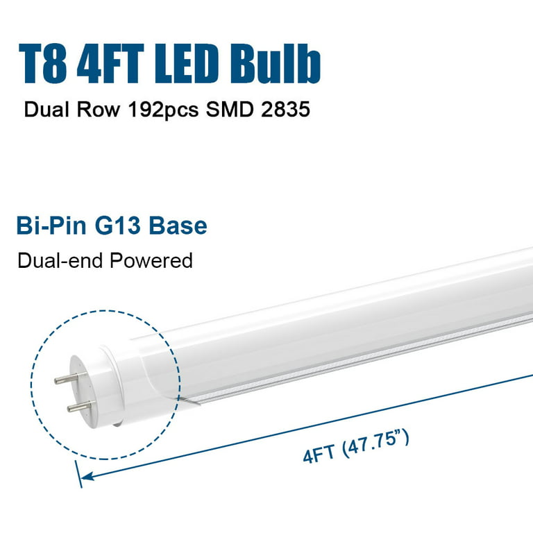 24-Pack T8 4FT LED Bulbs, Daylight 5000K 18W 2200LM, T8 T10 T12 LED  Fluorescent Tube Lights, Ballast Bypass Type B, Dual-end, 2 pin G13 Base,  Frosted Cover 