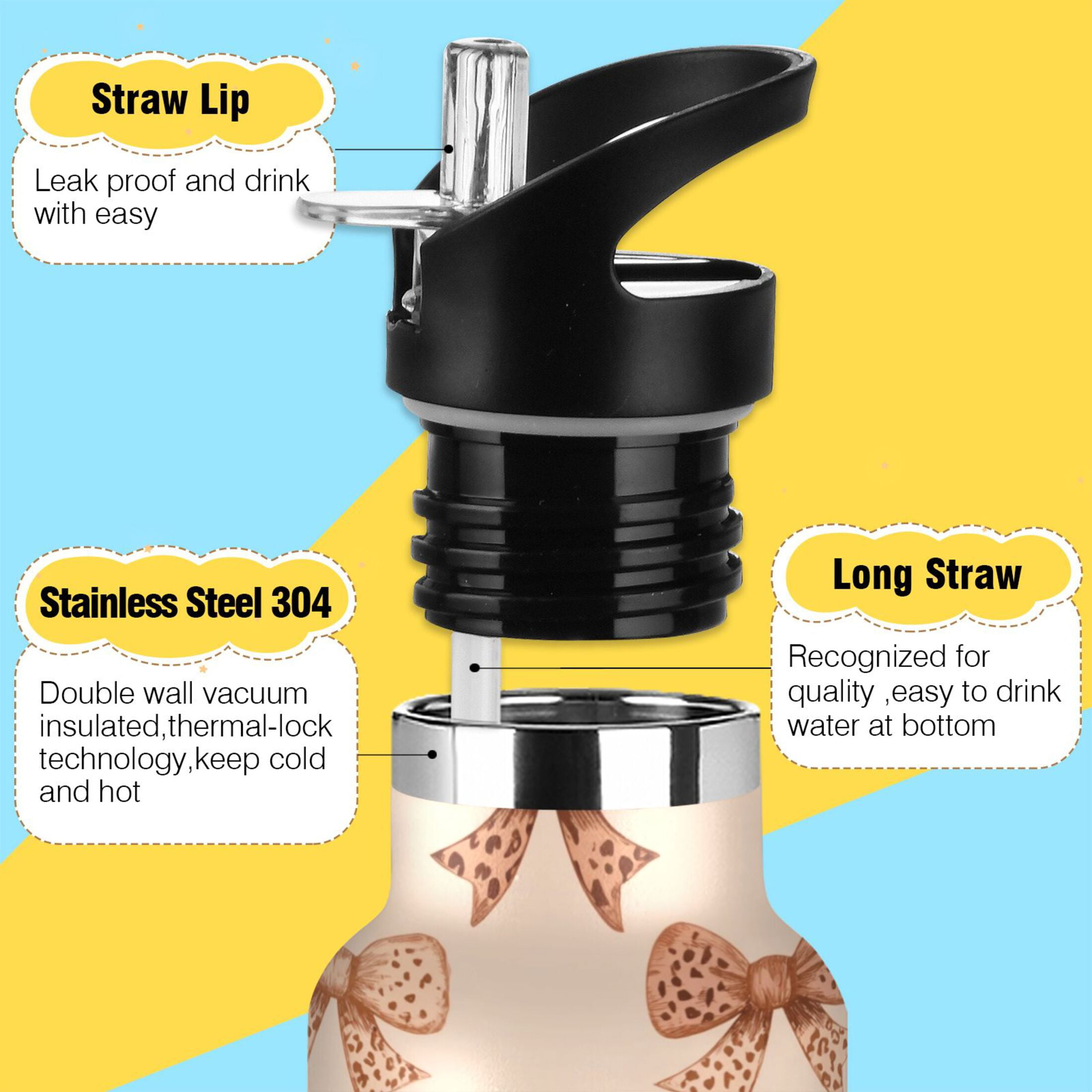 Kids Insulated Stainless Steel Sports Water Bottle 600ml (20oz) Leopard Print Bow