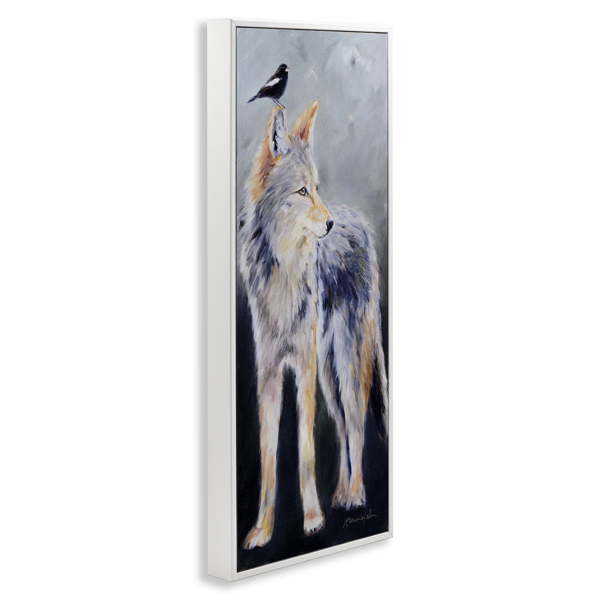 Stupell Industries Wild Coyote & Black Bird Animals & Insects Painting White Framed Art Print Wall Art, 10 x 24