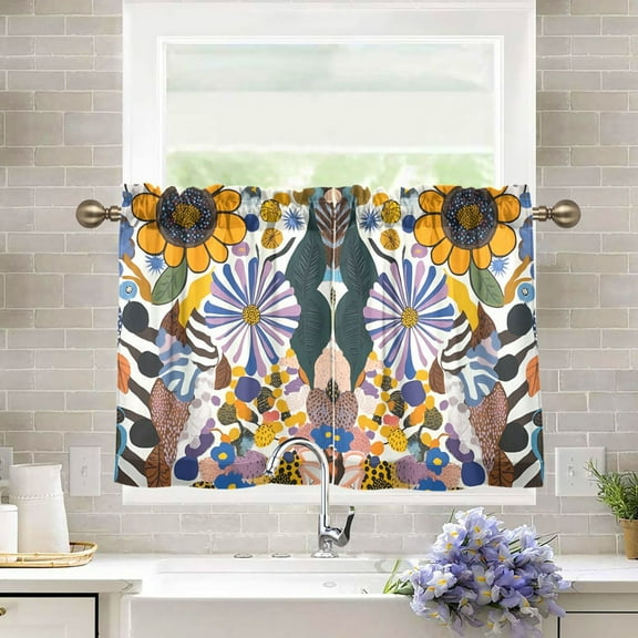 Yayeee Kitchen Curtains Tier Pair Light Filtering 27"x36" Rod Pocket Short Cafe Window Panel, Purple Flowers