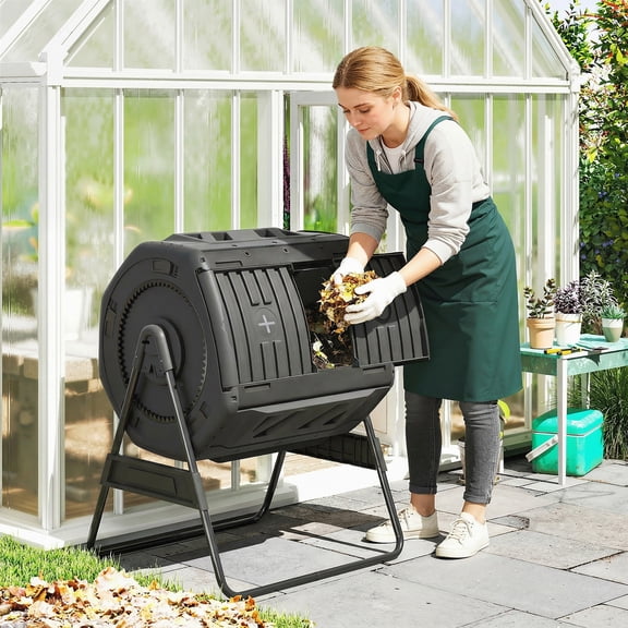Outsunny Compost Bin Outdoor, 53 Gal Dual Chamber Tumbling Composter with Adjustable Vents, BPA Free Rotating Tumbling Composter, Black