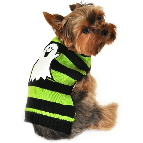 Holiday Pet Apparel SimplyDog Striped Happy Ghost Dog Sweater, Green