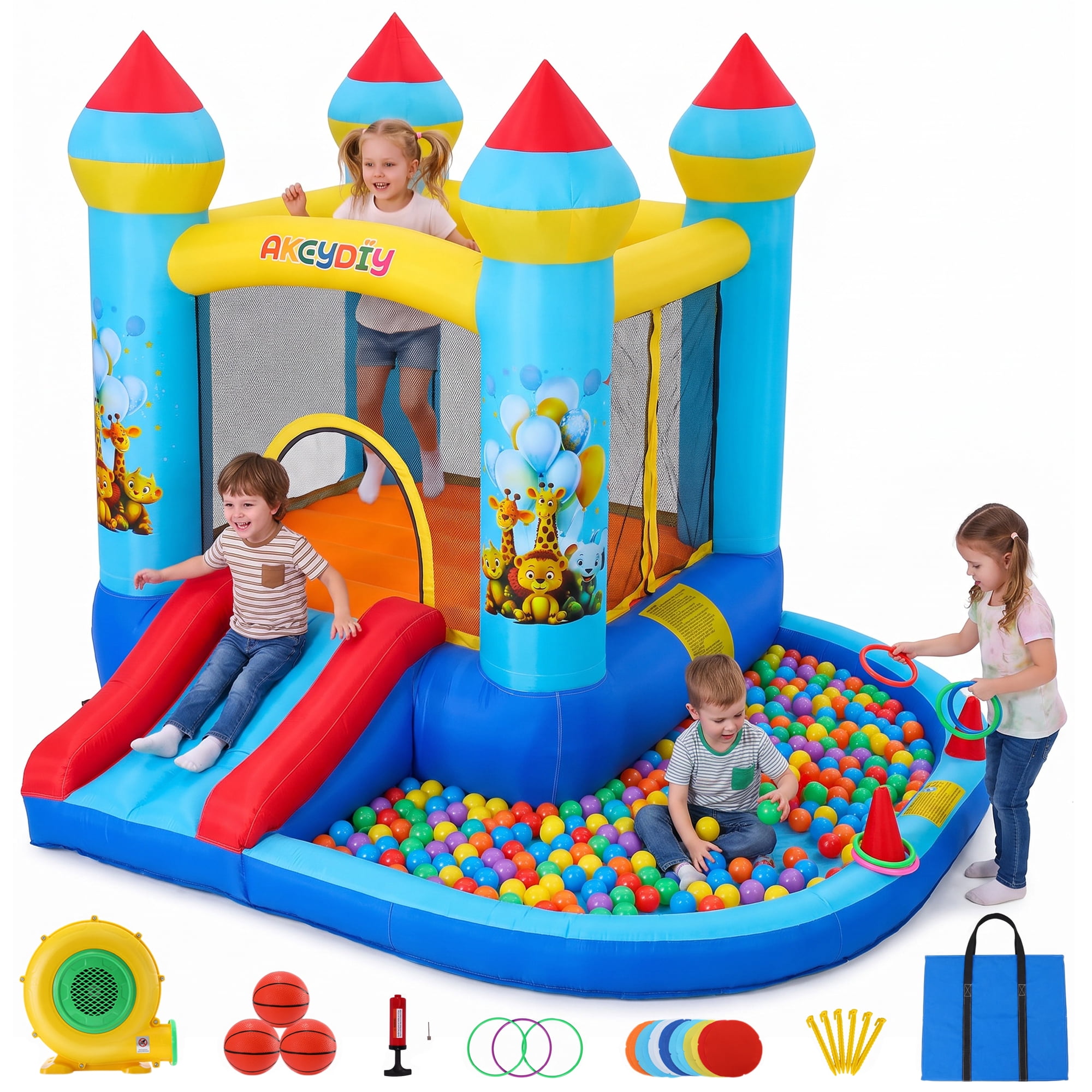 Veeboto Inflatable Bounce House with Blower, Bouncy Castle with Slide, Jumping Area, Pool, Ring Toss, Ball Net, Animal Party Jumping House for 3-10 Years, Indoor & Outdoor