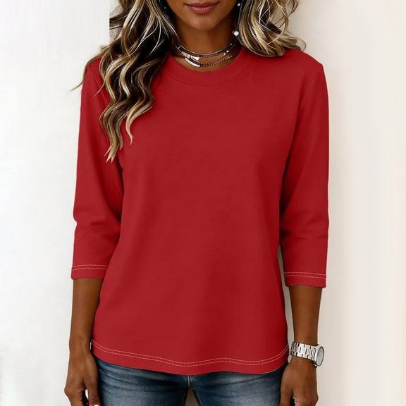 Womens Cotton Casual 3/4 Sleeve T Shirts Crew Neck Loose Fit Tops Solid Basic Tops Tees