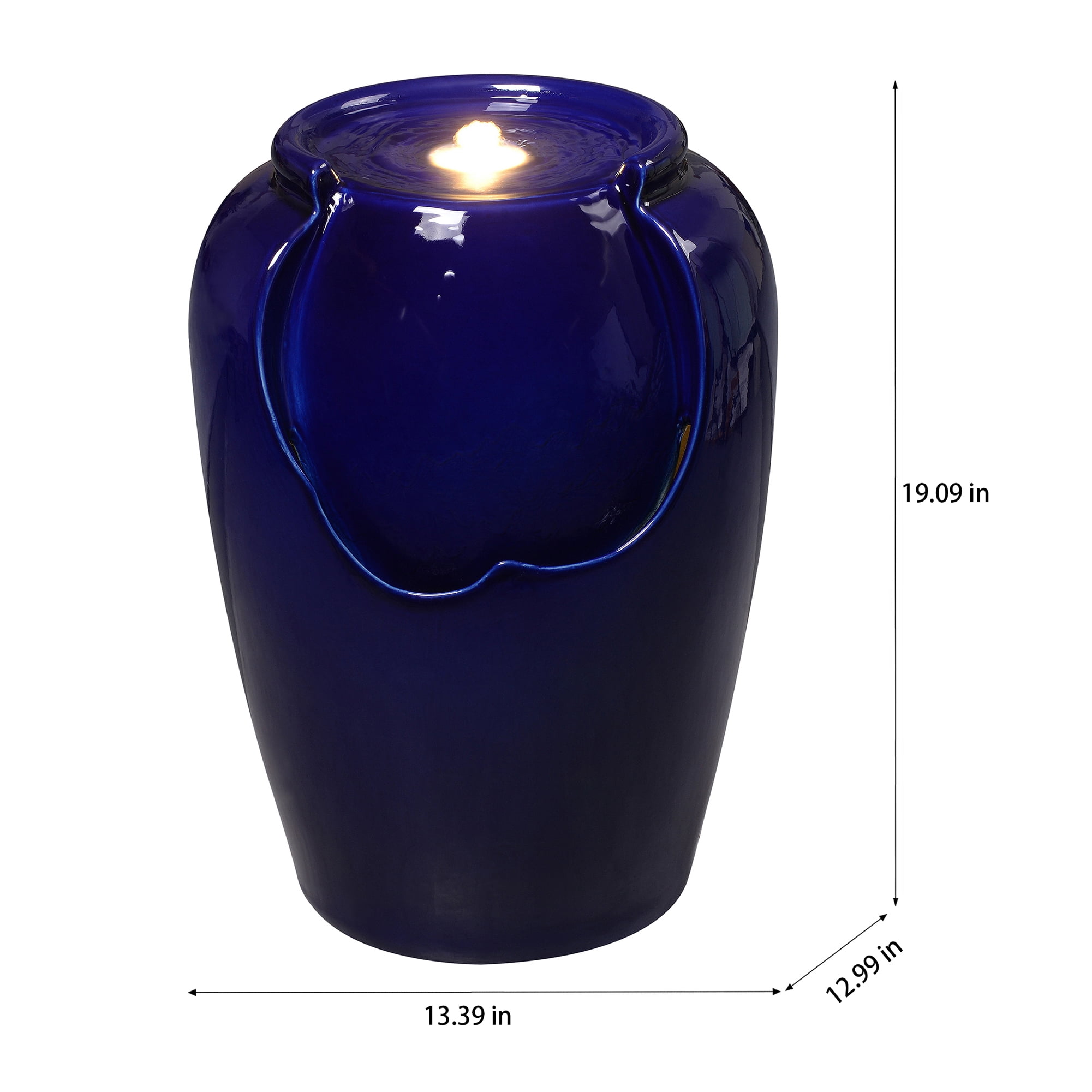Blue Ceramic Ripple Top Fountain, Decorative Water Fountain with LED Lights and Quiet Pump, Indoor Outdoor Water Feature for Patio, Garden, Deck, Balcony, Office and Home Décor