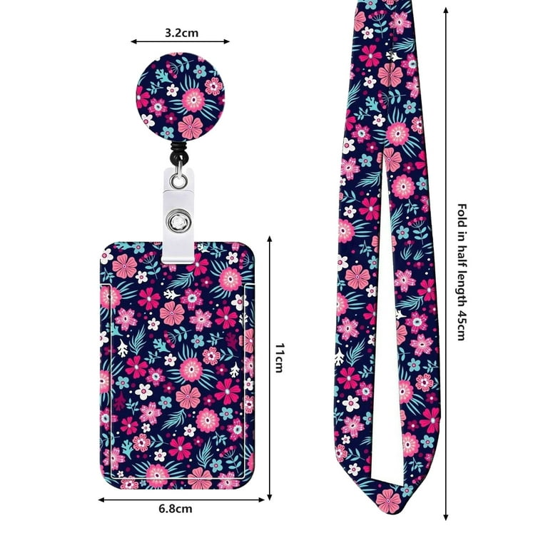 Waroomhouse Lanyard Card Holder with Retractable Badge Reel Id Card Holder  Clip 1 Set Id Badge Holder with Lanyard Retractable Reel Clip Flower  Pattern for Office 