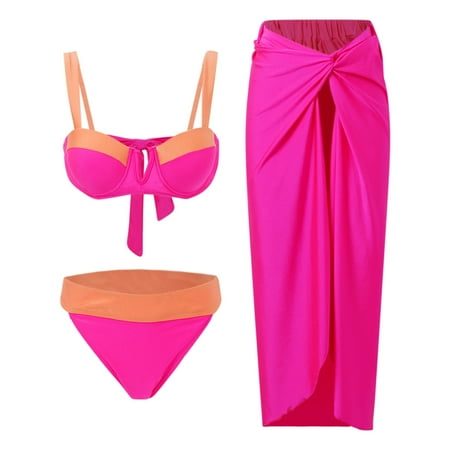 Push Up Swimsuits for Women Two Piece Swimwear And Cover UP ThreePiece Vintage Print Swimsuit Monokini Bikini 3 Piece Swimsuits Tankini Set Hot Pink XL