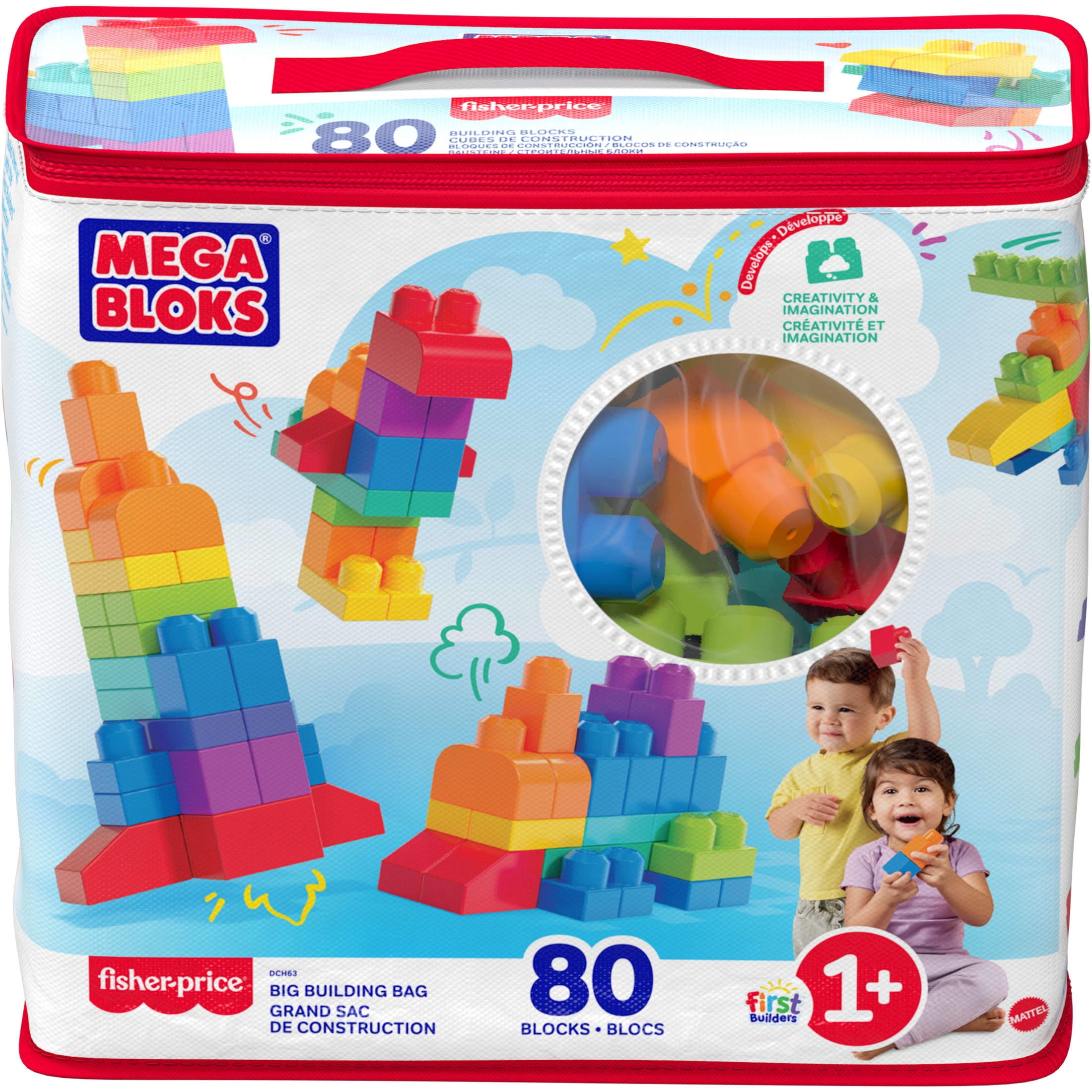 MEGA BLOKS Fisher-Price Toy Blocks Blue Big Building Bag with Storage (80 Pieces) for Toddler