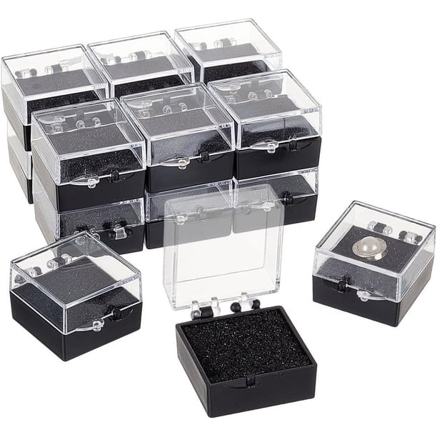 16 cajas de regalo de plástico transparente para pines (2,8 x 2,8 x 1 cm), pequeñas cajas de presentación negras para insignias, pines de solapa y estuche de exhibición.