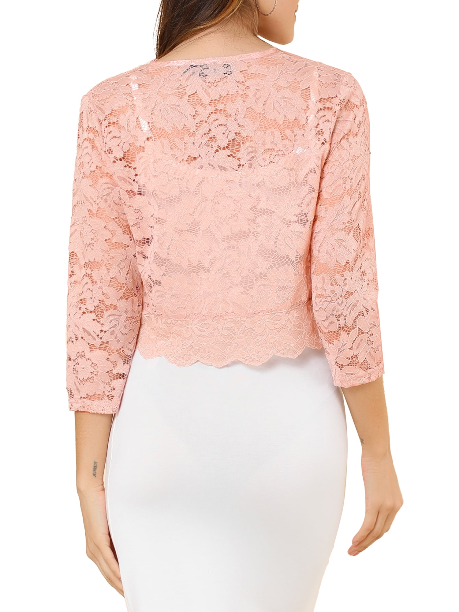 DARING DIVA 3/4 Sleeve Sheer Floral Lace Shrug Top S Light Pink