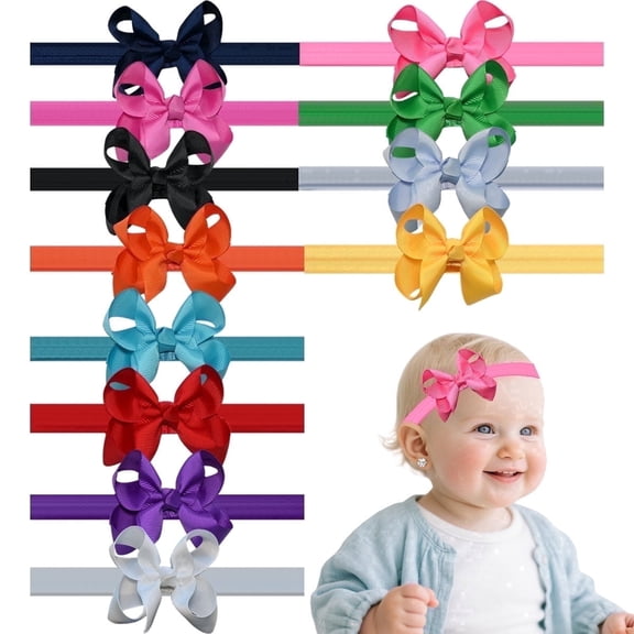JoyBowie 12-pack 11-inchBaby Bows Baby Hair Bows Baby Headbands Soft Ribbon Toddler Hair Accessories Assorted Colors